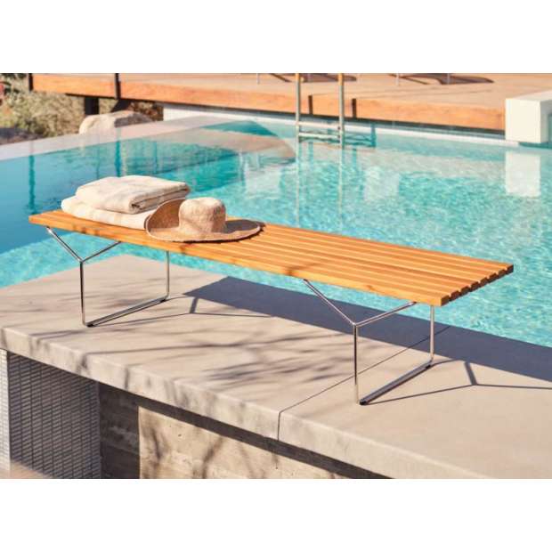 Bertoia Bench with teak slats, Black rilsan - Knoll - Harry Bertoia - Outdoor Benches - Furniture by Designcollectors