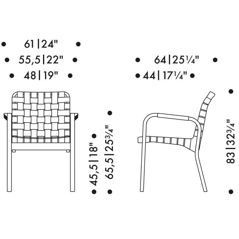 dimensions Aalto Armchair 45, Walnut - Natural/White linen webbing - Artek - Alvar Aalto - Chaises - Furniture by Designcollectors